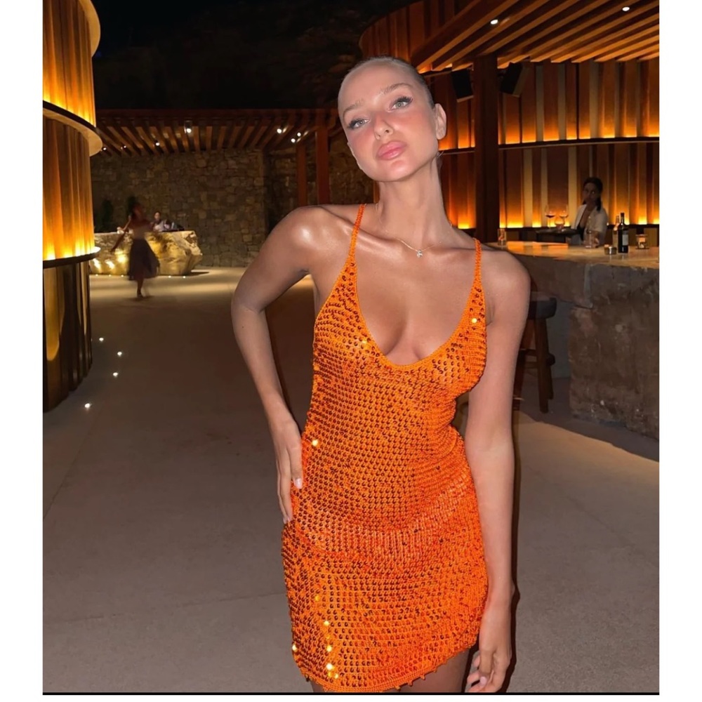 $385 retrofete orange sequin mini dress
